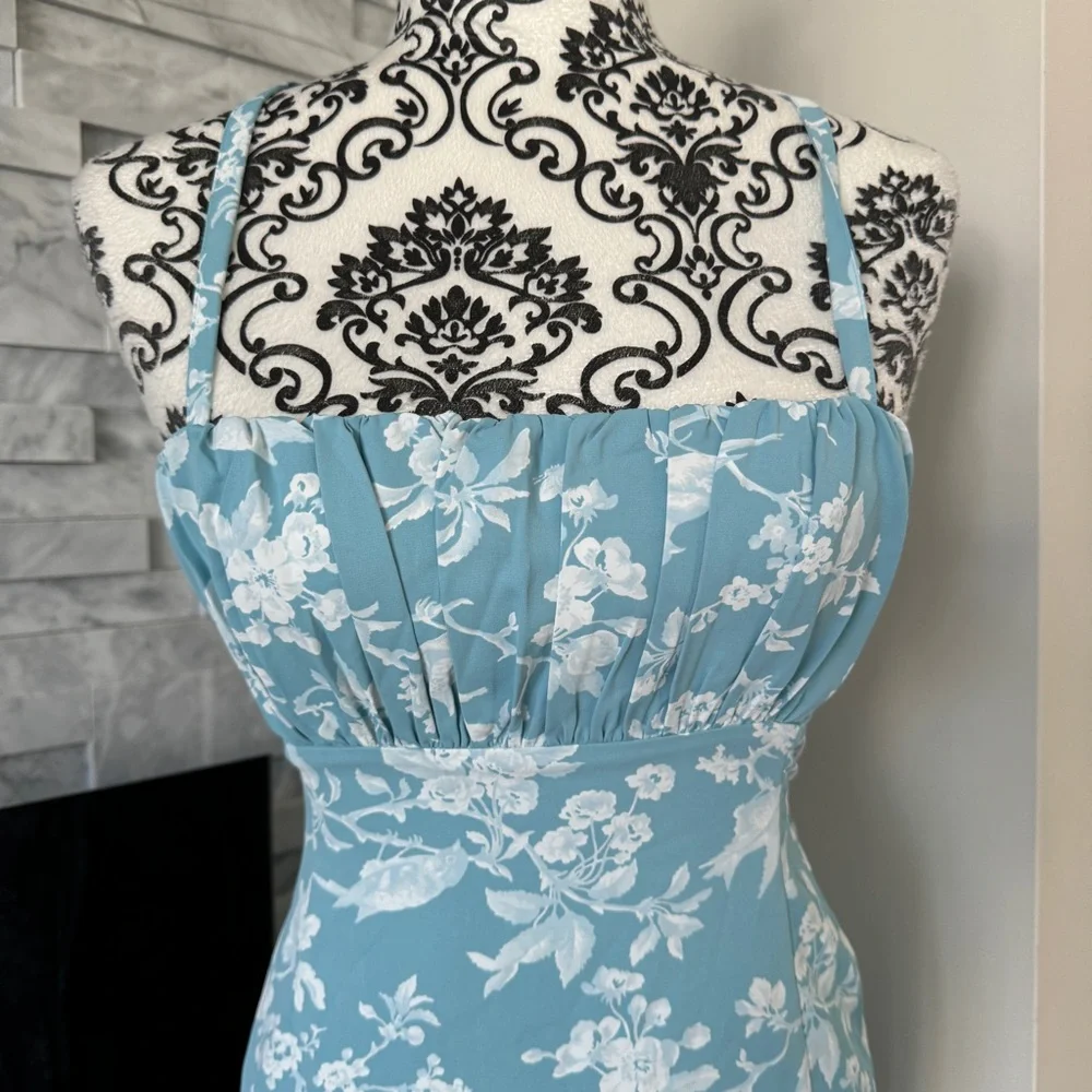 Abercrombie & Fitch Floral Midi Sundress Criss Cross Tie Back High Slit Blue XS - Picture 7 of 10